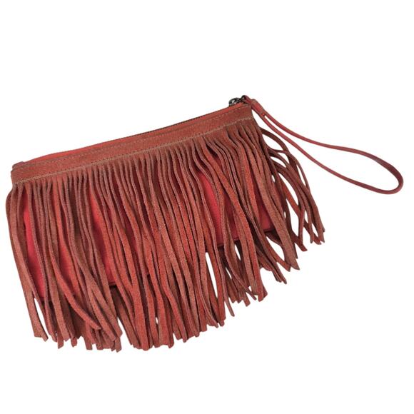 Fringed Coral Suede Wristlet Pouch Purse Western American Eagle AEO Hippie - Picture 1 of 10